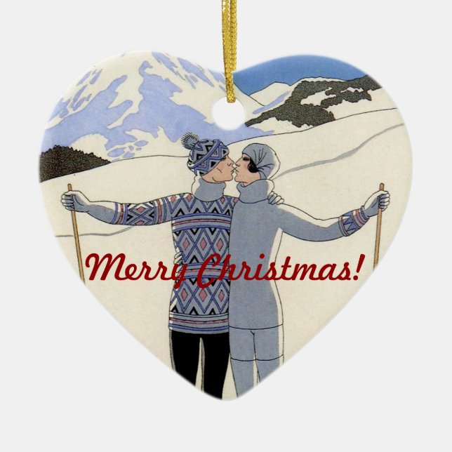Kissing mountan skiers couple - Merry Christmas! Ceramic Ornament (Front)