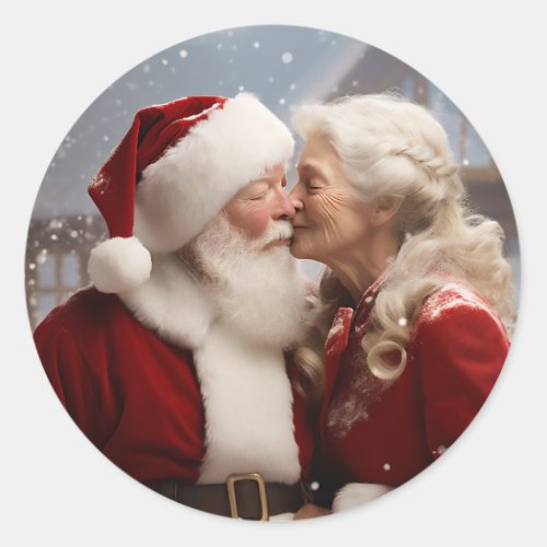 Kissing Mr and Mrs Santa Claus Classic Round Sticker