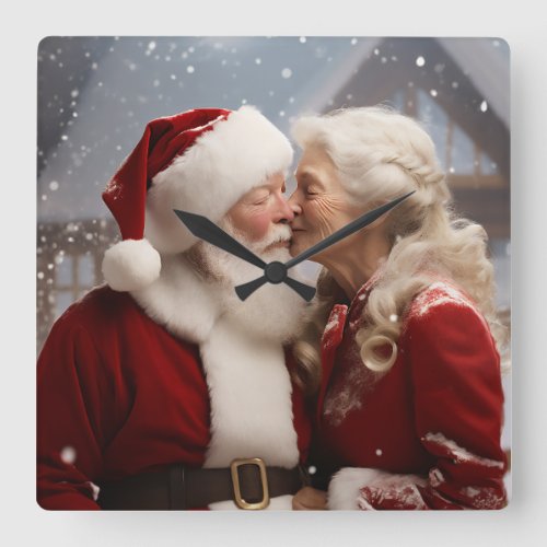 Kissing Mr and Mrs Santa Claus Square Wall Clock