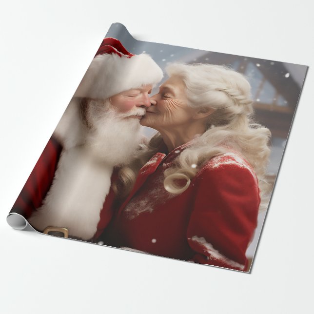 Kissing Mr and Mrs Santa Claus Wrapping Paper (Unrolled)
