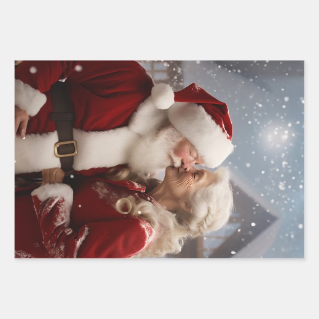 Kissing Mr and Mrs Santa Claus Wrapping Paper Sheets (Front)