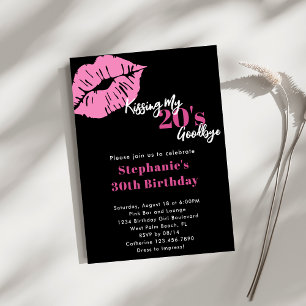 Kissing my 20s Goodbye Pink & Black 30th Birthday Invitation