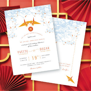 Kissing Orange Origami Cranes & Love Quote Wedding Invitation