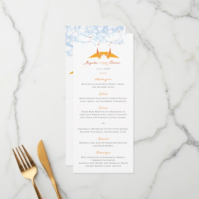 Kissing Orange Paper Cranes Modern Asian Wedding  Menu (Front/Back In Situ)