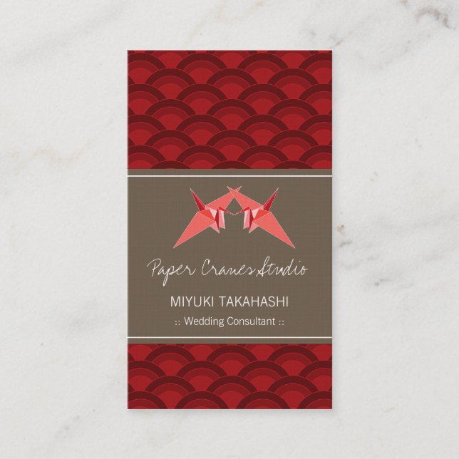 Kissing Origami Paper Cranes & Red Scallop Pattern Business Card (Front)