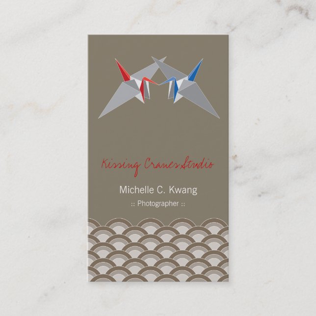 Kissing Origami Paper Cranes & Zen Scallop Pattern Business Card (Front)