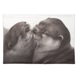 Kissing Otters Art - Hand Painted Wildlife Decor Cloth Placemat