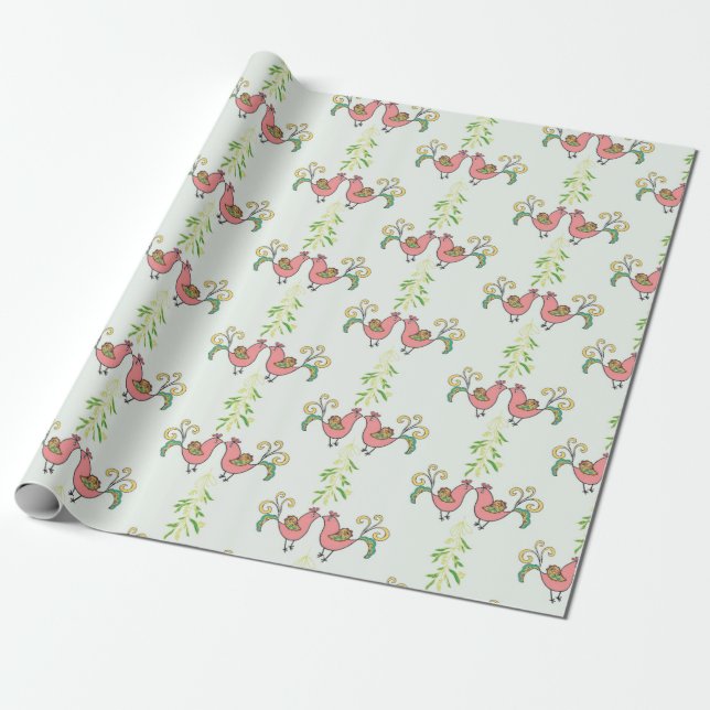 Kissing Partridges with Mistletoe Wrapping Paper (Unrolled)