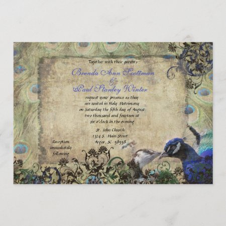 Kissing Peacock Vintage Wedding Invitation