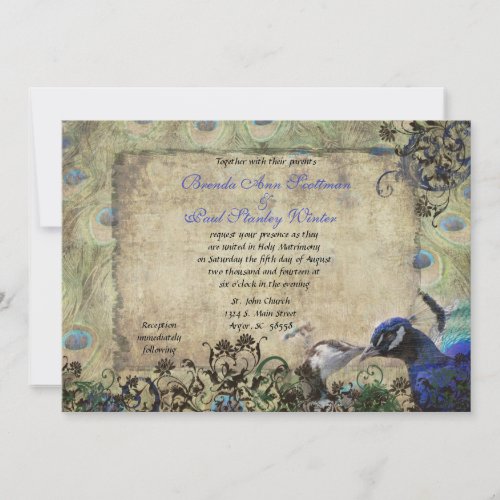 Kissing Peacock Vintage Wedding Invitation