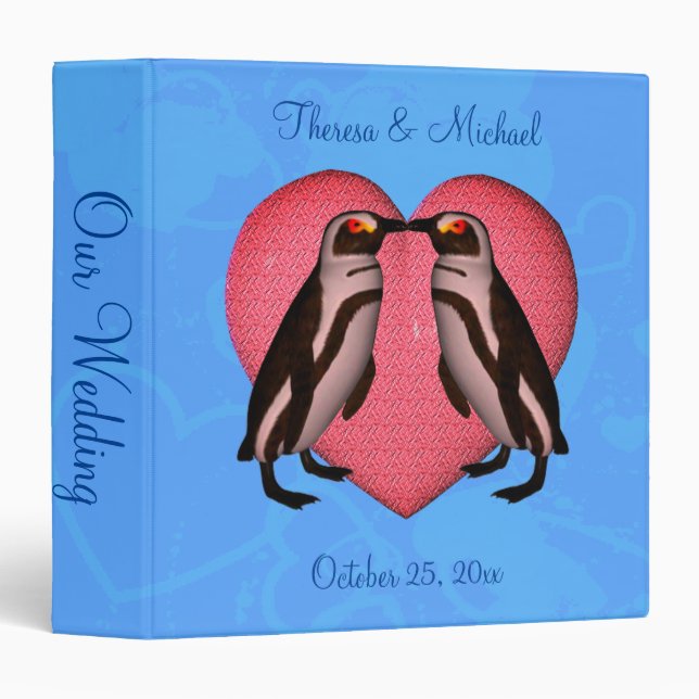 Kissing Penguins Cute Personalized Wedding  3 Ring Binder (Front/Spine)