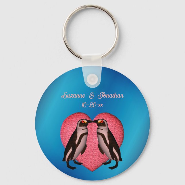 Kissing Penguins Cute Personalized Wedding Keychain (Front)