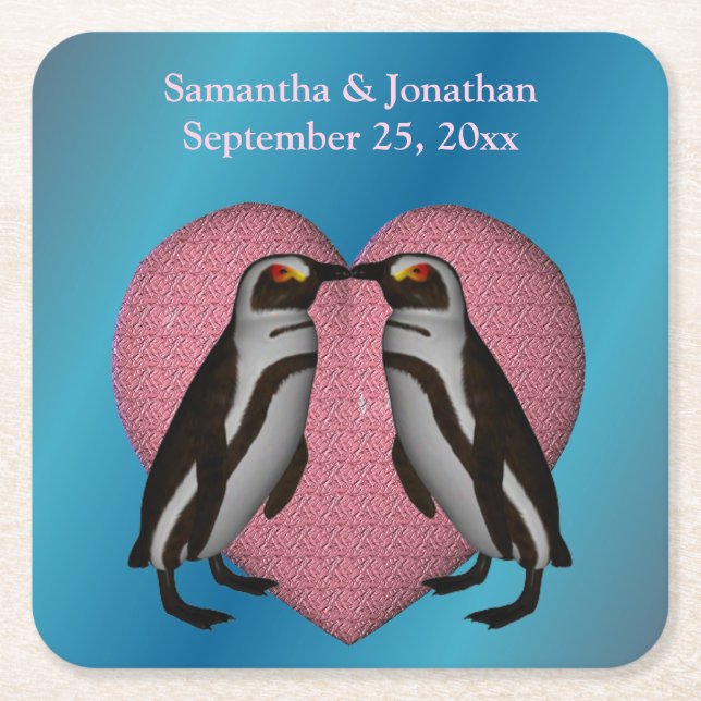 Kissing Penguins Cute Personalized Wedding  Square Paper Coaster (Front)