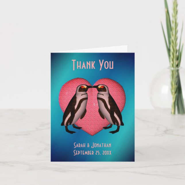 Kissing Penguins Heart Cute Wedding  Thank You Card (Front)