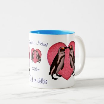 Kissing Penguins Personalized Wedding Two-tone Coffee Mug by SmilinEyesTreasures at Zazzle