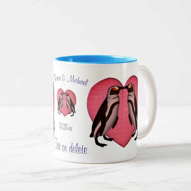 Kissing Penguins Personalized Wedding Two-Tone Coffee Mug (Front Right)