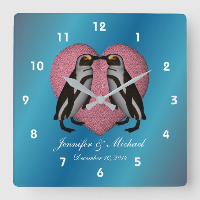 Kissing Penguins Pink Heart Personalized Wedding Square Wall Clock (Front)