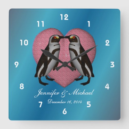 Kissing Penguins Pink Heart Wedding Square Wall Clock