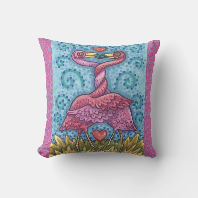 KISSING PINK FLAMINGOS THROW PILLOW (Front)