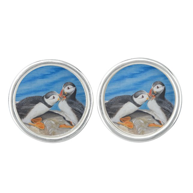Kissing Puffins Cufflinks (Front)