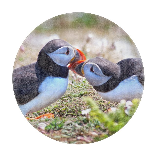 Kissing Puffins Glass Cutting Board (Front)