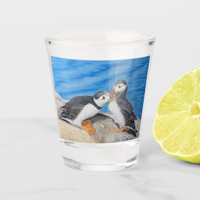 Kissing Puffins Shot Glass (Front)