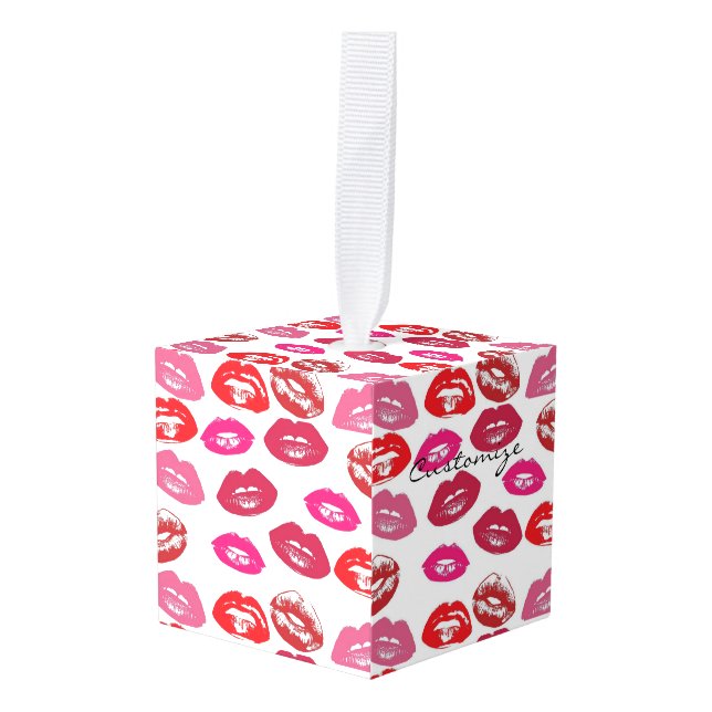 Kissing Red lips Thunder_Cove Cube Ornament (Front Angled)