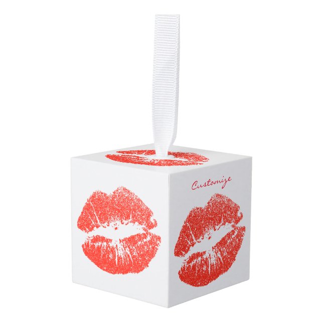 Kissing Red lips Thunder_Cove Cube Ornament (Front Angled)