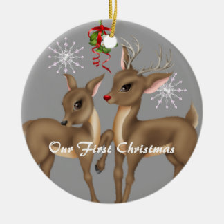 Kissing Reindeer; Married Our First Christmas Ceramic Ornament