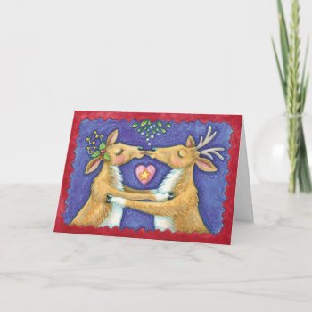 Kissing Reindeer Under The Mistletoe - Love At Chr Holiday Card by moonlake at Zazzle