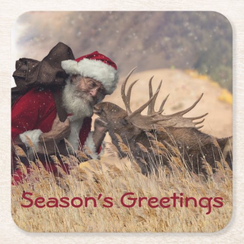 Kissing Santa and Moose Paper Coaster
