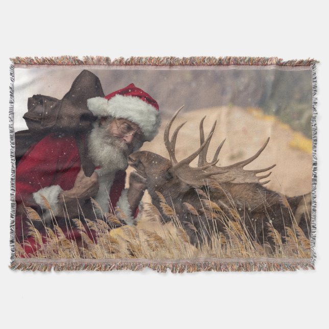 Kissing Santa and Moose Throw Blanket (Front)
