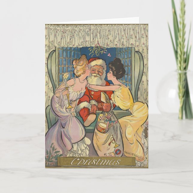 Kissing Santa Claus Vintage Christmas Card (Front)