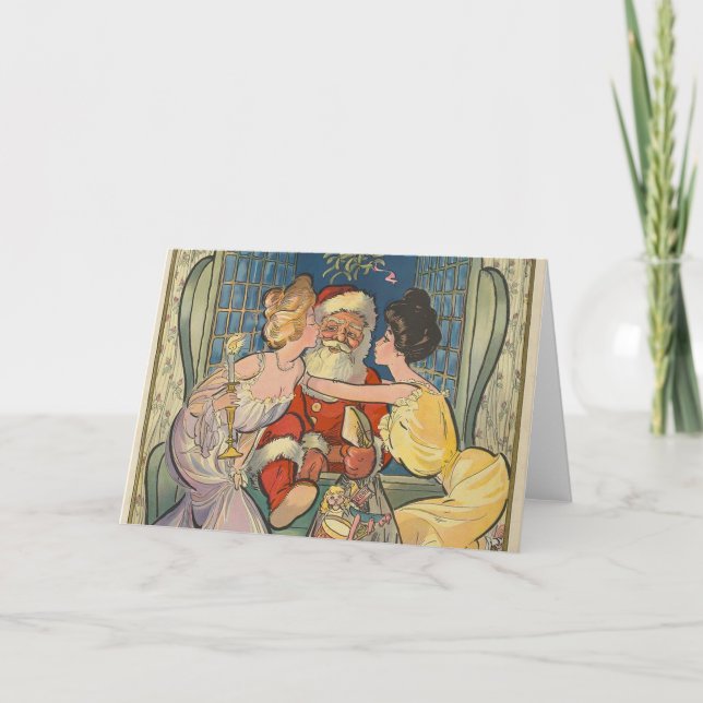 Kissing Santa Claus Vintage Christmas Card (Front)