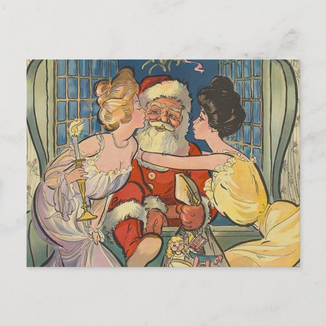 Kissing Santa Claus Vintage Christmas Card (Front)