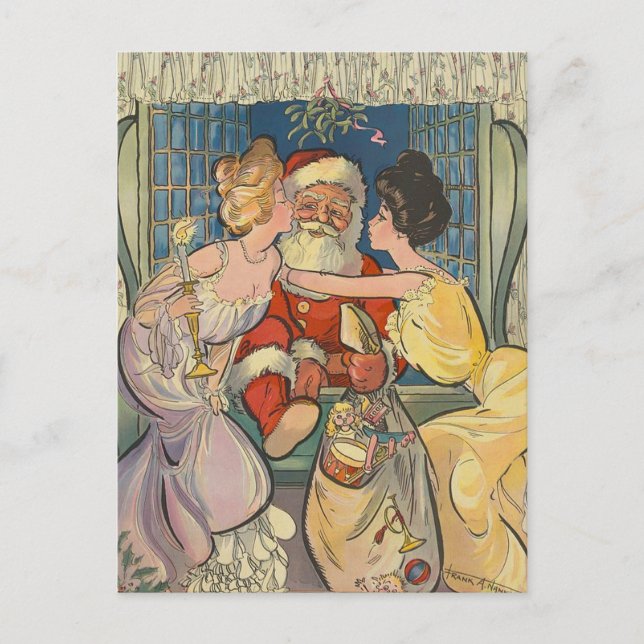 Kissing Santa Claus Vintage Christmas Card (Front)