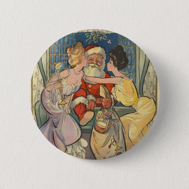 Kissing Santa Claus Vintage Christmas Card Button (Front)
