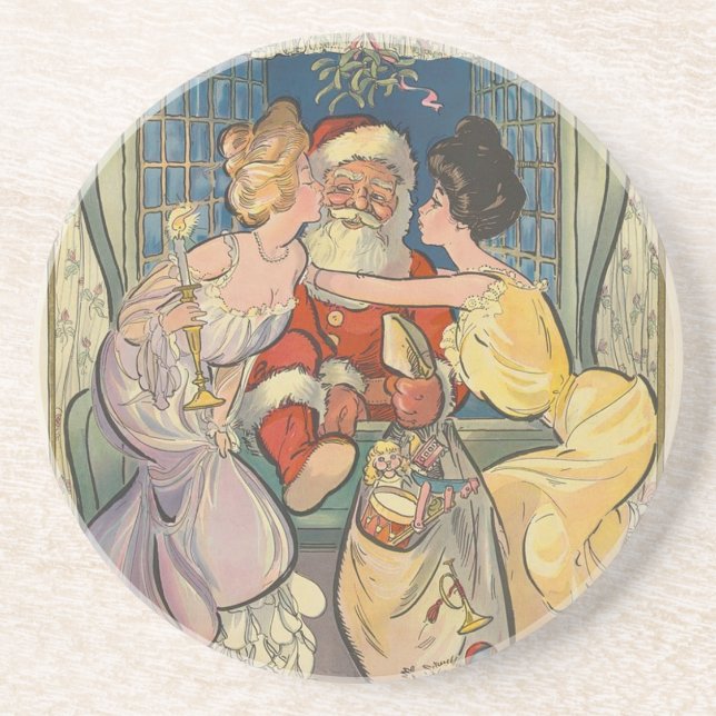 Kissing Santa Claus Vintage Christmas Card Coaster (Front)
