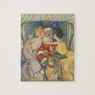 Kissing Santa Claus Vintage Christmas Card Jigsaw Puzzle
