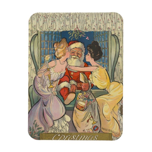 Kissing Santa Claus Vintage Christmas Card Magnet (Vertical)
