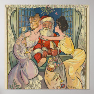 Kissing Santa Claus Vintage Christmas Card Poster