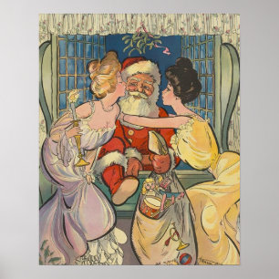 Kissing Santa Claus Vintage Christmas Card Poster
