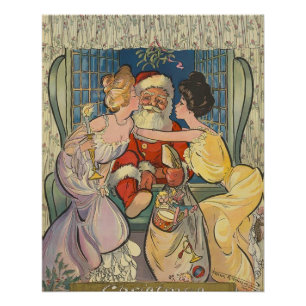 Kissing Santa Claus Vintage Christmas Card Poster