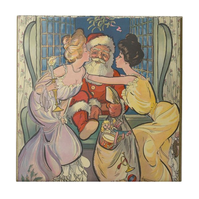 Kissing Santa Claus Vintage Christmas Card Tile (Front)