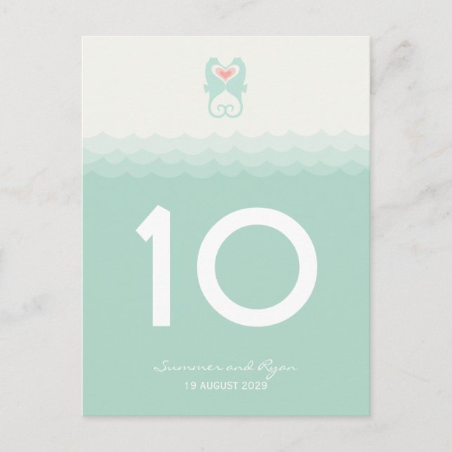 Kissing Seahorses Beach Wedding Table Number (Front)
