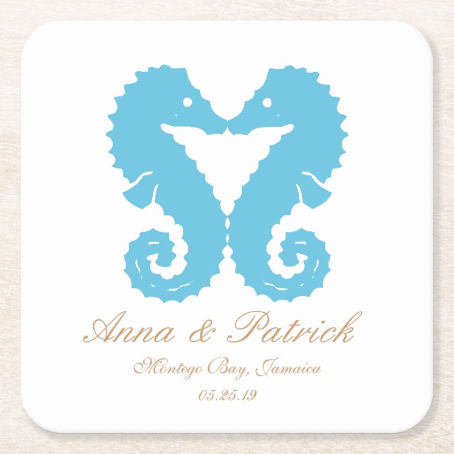 Kissing Seahorses-Destination Beach Wedding Favor Square Paper Coaster (Front)