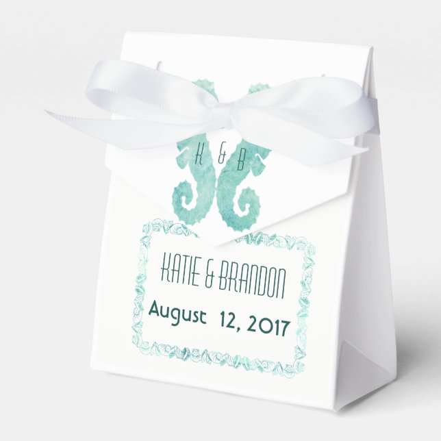 Kissing Seahorses Favor Box in Turquoise (Front Side)