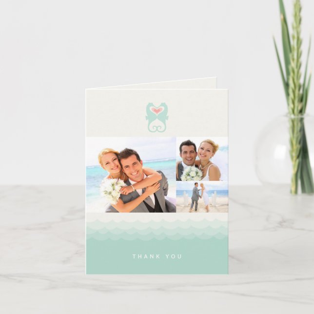 Kissing Seahorses Love Beach Wedding 3 Multi Photo Thank You Card (Front)