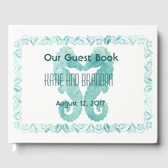 Kissing Seahorses Wedding Guest Book Turquoise (Front)