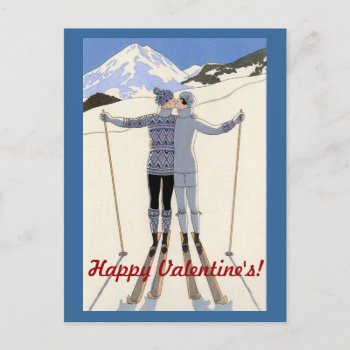 Kissing Skiers Couple - Happy Valentine's Holiday Postcard by justbecauseiloveyou at Zazzle